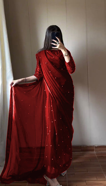 Pearl Embellished Pearl-Work Stitched Saree Set (3PC)