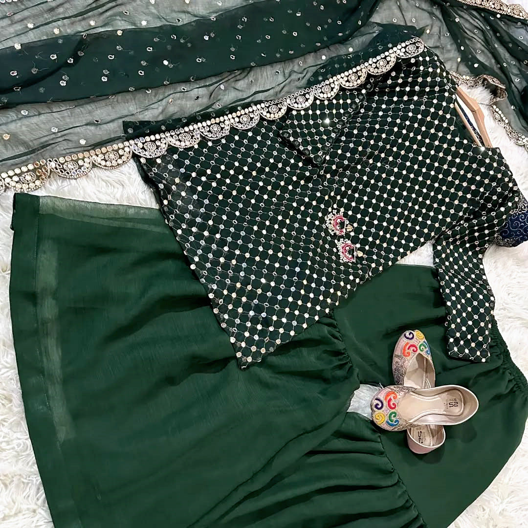 3-Piece 9MM Sequin Embroidered Chiffon Shirt & Sharara/Garara Set with Cut-Work Dupatta